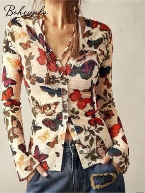 NWT Bohemela Cream Butterfly Print, Mesh Button-Down Shirt, Multiple Sizes